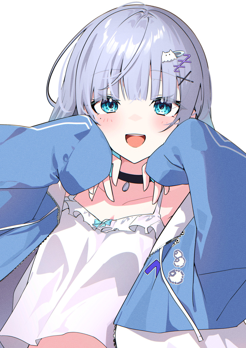 1girl :d absurdres amopui black_choker blue_eyes blue_hair blue_jacket blush choker collarbone colored_inner_hair grey_hair hair_ornament hairclip highres jacket kaga_sumire long_bangs long_sleeves looking_at_viewer lupinus_virtual_games multicolored_hair open_clothes open_jacket open_mouth shirt sidelocks simple_background sleeves_past_wrists smile solo striped_clothes striped_jacket teeth track_jacket upper_body upper_teeth_only virtual_youtuber vspo! white_background white_shirt wind wind_lift x_hair_ornament