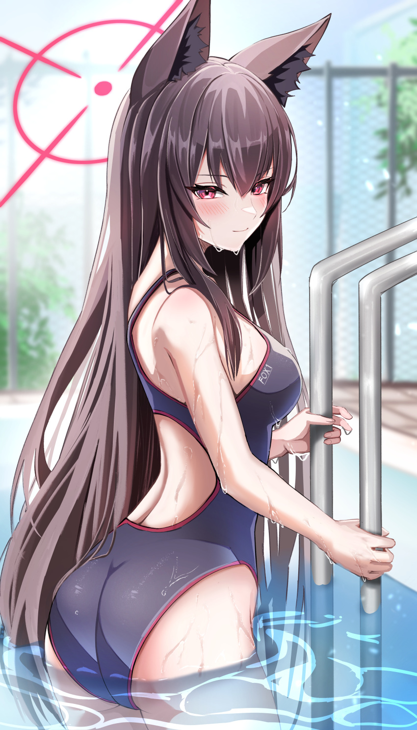 1girl absurdres animal_ear_fluff animal_ears ass bare_arms bare_legs bare_shoulders black_hair black_one-piece_swimsuit blue_archive blush breasts closed_mouth cowboy_shot fox_ears hair_between_eyes halo highres kuromiz light_smile long_hair looking_at_viewer medium_breasts one-piece_swimsuit pool red_eyes red_halo solo swimsuit wading water wet yukino_(blue_archive)