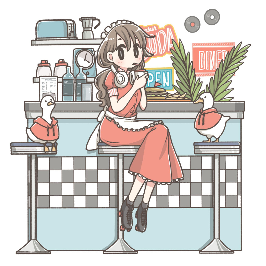 1girl bird brown_hair cup diner drinking_straw goose headphones highres holding holding_cup long_hair maid maid_headdress original roller_skates sitting skates solo stool tameikirakuda