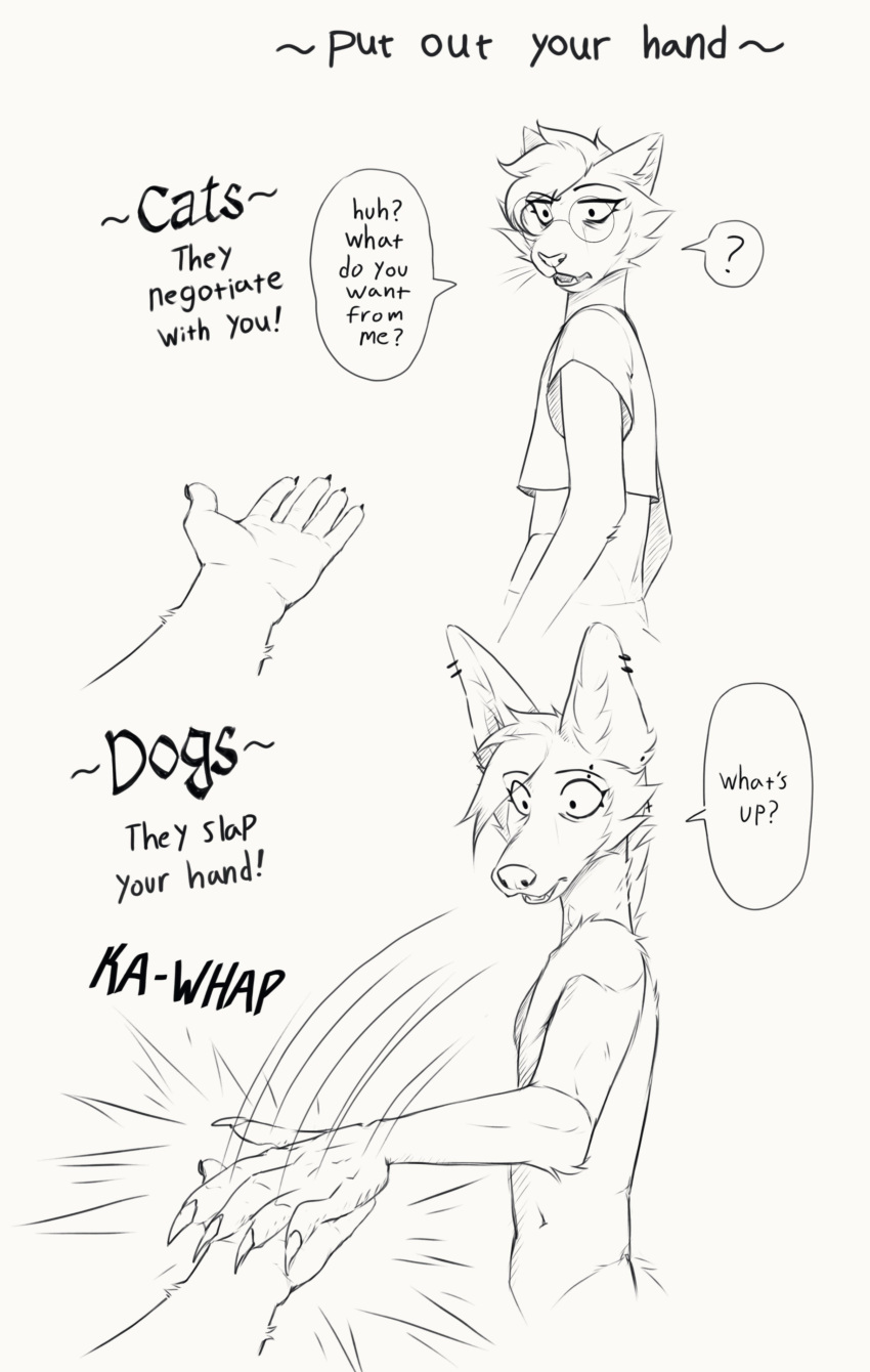 5_fingers absurd_res anthro ash_(manedpizzawolf) beastars canid canine claws clothed clothing domestic_cat duo ear_piercing english_text eyebrows eyewear felid feline felis fingers fur glasses hi_res inner_ear_fluff male mammal maned_wolf manedpizzawolf monochrome open_mouth piercing question_mark speech_bubble text tuft whiskers