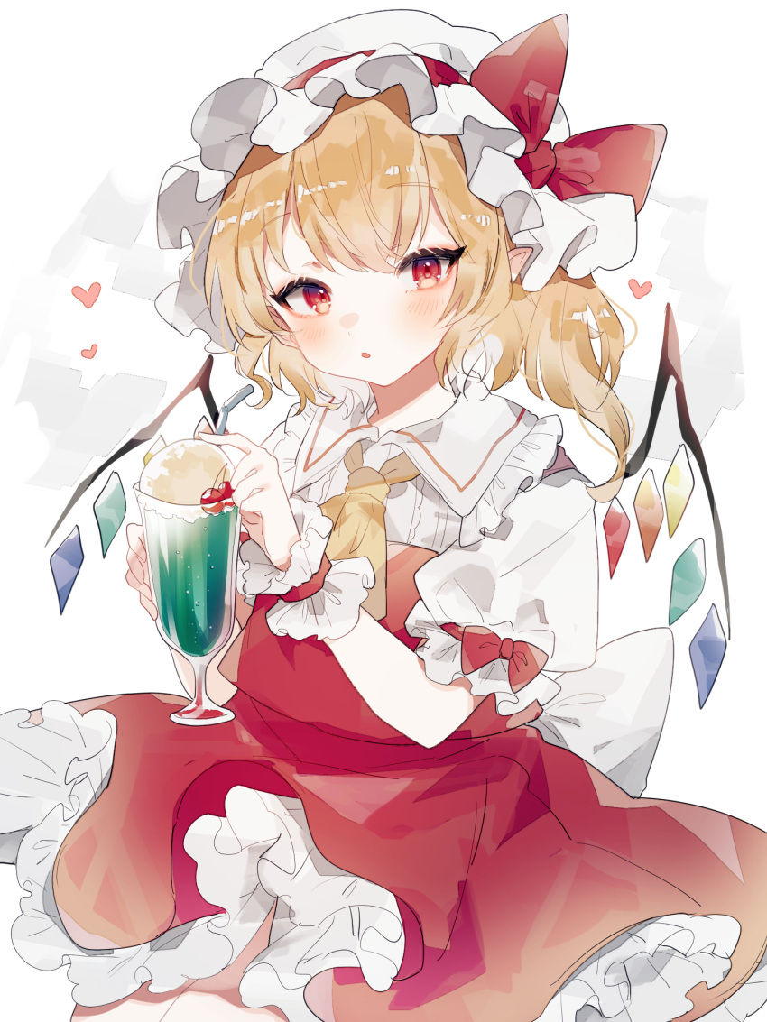 1girl ascot blonde_hair cowboy_shot crystal_wings dress flandre_scarlet glass hat hat_ribbon heart highres medium_hair mob_cap open_mouth red_dress red_ribbon ribbon side_ponytail simple_background solo sorani_(kaeru0768) touhou white_background wrist_cuffs yellow_ascot