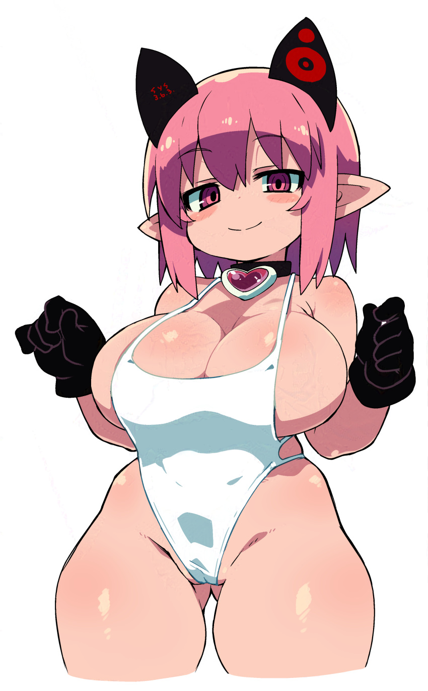 1girl absurdres ass_visible_through_thighs black_gloves blush_stickers breasts cleavage closed_mouth commentary_request cowboy_shot cropped_legs deathlock-san gloves heart_collar highres huge_breasts looking_at_viewer one-piece_swimsuit original paid_reward_available pink_eyes pink_hair pointy_ears short_hair simple_background smile solo swimsuit thick_thighs thighs undersized_clothes variant_set white_one-piece_swimsuit zankuro