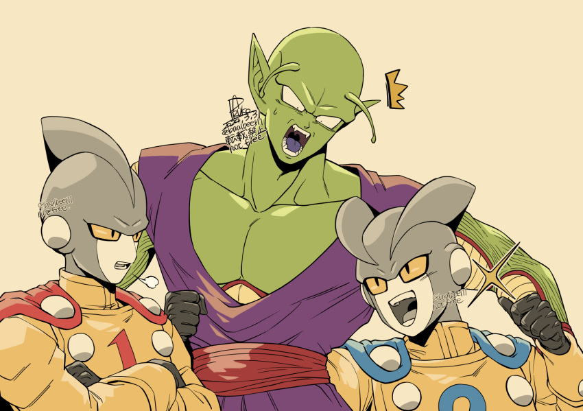 3boys android antennae blue_cape cape colored_sclera colored_skin dougi dragon_ball dragon_ball_super dragon_ball_super_super_hero fangs fins gamma_1 gamma_2 green_skin grey_skin head_fins highres jacket multiple_boys namekian no_eyebrows pants paruko_(baalbeel11) pointy_ears purple_pants purple_shirt red_cape red_sash robot_ears sash shirt sigh signature simple_background sleeveless sleeveless_shirt slit_pupils sparkle surprised thumbs_up twitter_username yellow_jacket yellow_sclera