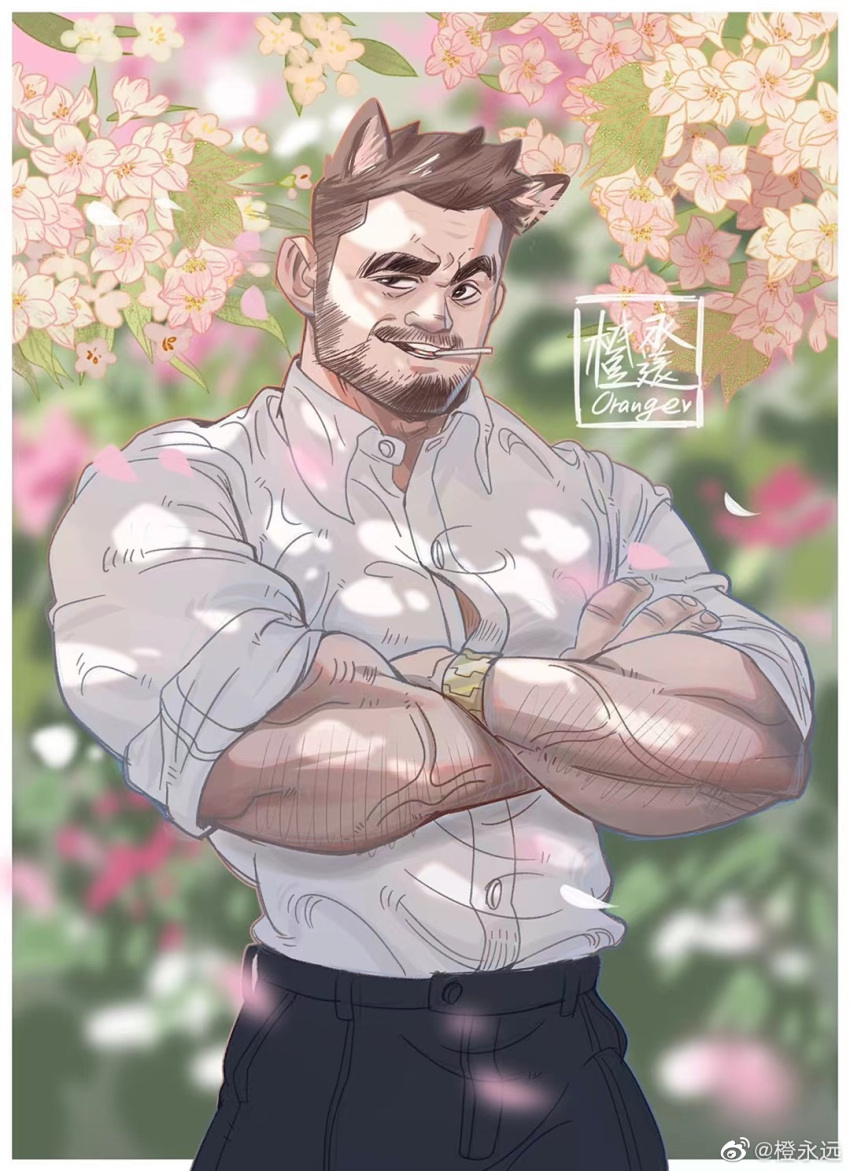 1boy animal_ears bara beard_stubble brown_hair cat_ears cheng_yongyuan cowboy_shot facial_hair floral_background highres huge_eyebrows looking_to_the_side male_focus mature_male medium_sideburns muscular muscular_male mustache_stubble nature original short_hair solo sparse_arm_hair standing stubble sunlight tree tree_shade wrinkled_skin