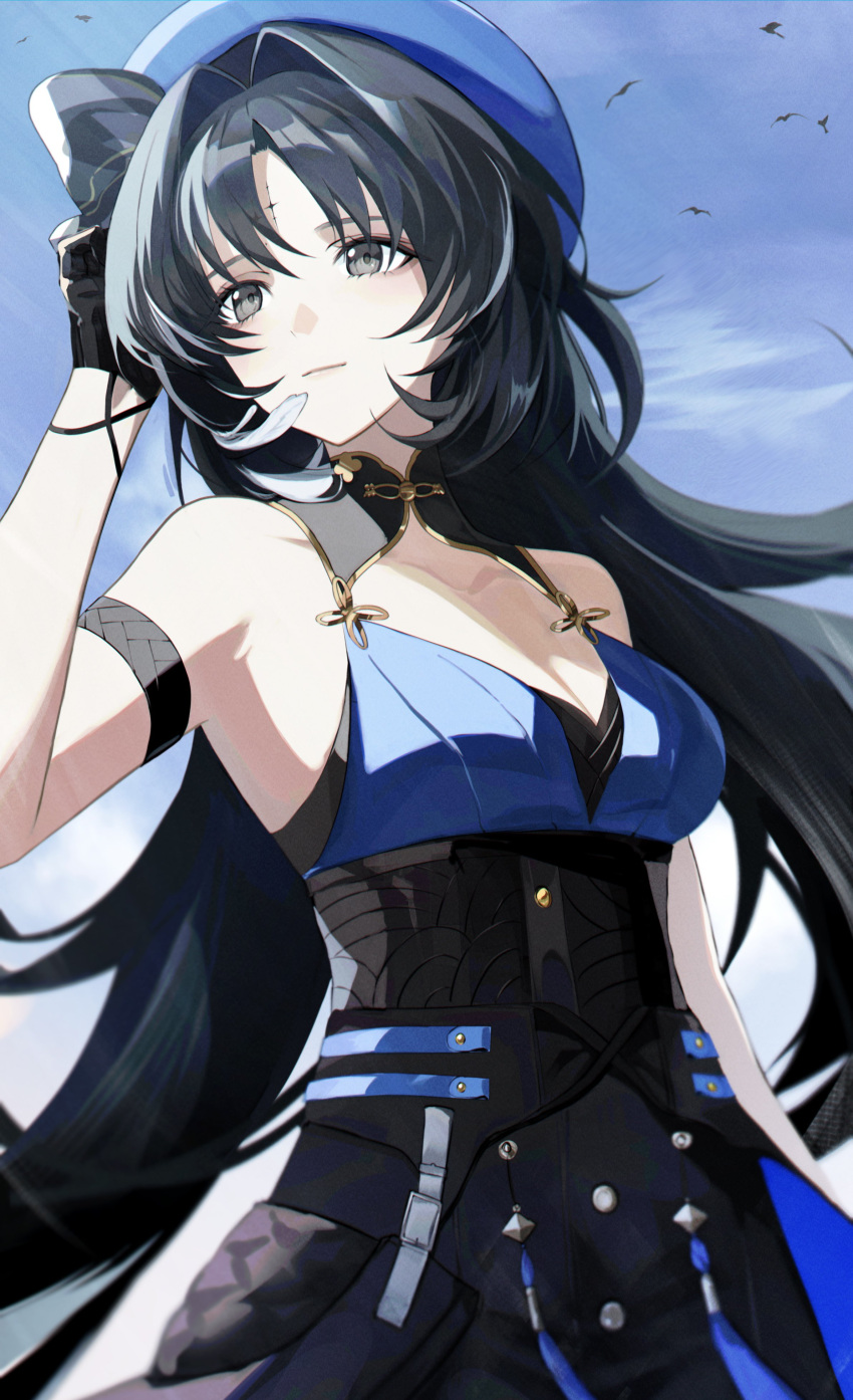 absurdres amn_ic01 arm_strap bird black_gloves blue_dress blue_hat blue_sky breasts cleavage dress facial_mark feather_hair forehead_mark gloves grey_eyes hair_intakes highres parted_hair single_glove sky smile wuthering_waves yangyang_(wuthering_waves)