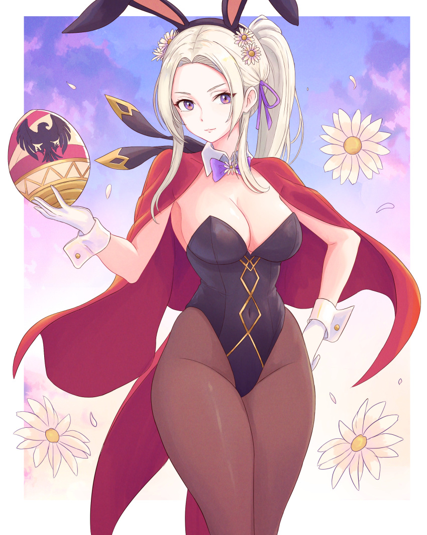 1girl absurdres alternate_costume animal_ears black_leotard bow bowtie breasts brown_thighhighs cape cleavage covered_navel detached_collar easter_egg edelgard_von_hresvelg egg fake_animal_ears fire_emblem fire_emblem:_three_houses fire_emblem_heroes flower highres large_breasts leotard long_hair looking_at_viewer pantyhose playboy_bunny purple_eyes rabbit_ears red_cape smile solo strapless strapless_leotard thighhighs truejekart white_flower white_hair