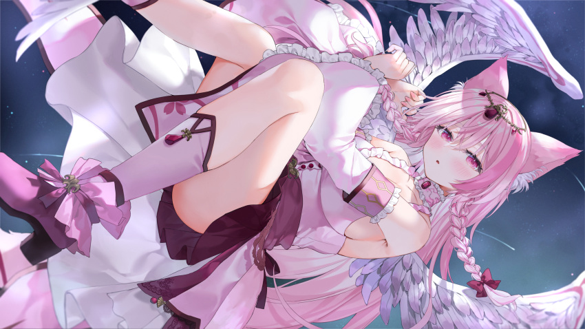 1girl angel_wings animal_ears bow braid breasts circlet detached_sleeves feathered_wings fox_ears fox_tail hair_bow highres indie_virtual_youtuber large_breasts long_hair looking_at_viewer pink_eyes pink_hair solo tail twin_braids virtual_youtuber wings yana_mori