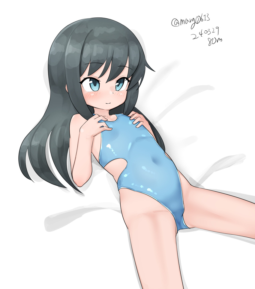 1girl absurdres asashio_(kancolle) black_hair blue_eyes blue_one-piece_swimsuit covered_navel feet_out_of_frame flat_chest highleg highleg_swimsuit highres kantai_collection long_hair lying maru_(marg0613) one-hour_drawing_challenge one-piece_swimsuit solo swimsuit