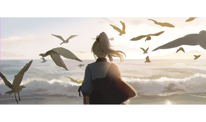 1boy archer_(fate/samurai_remnant) beach bird blonde_hair chinese_clothes chinese_hairpin cloud fate/samurai_remnant fate_(series) from_behind hair_ornament hanfu high_ponytail highres horizon letterboxed long_hair looking_afar ocean outdoors ponytail red_hanfu red_robe robe shore sky solo tassel tassel_hair_ornament uulna water white_hanfu xiao_guan_(headdress)