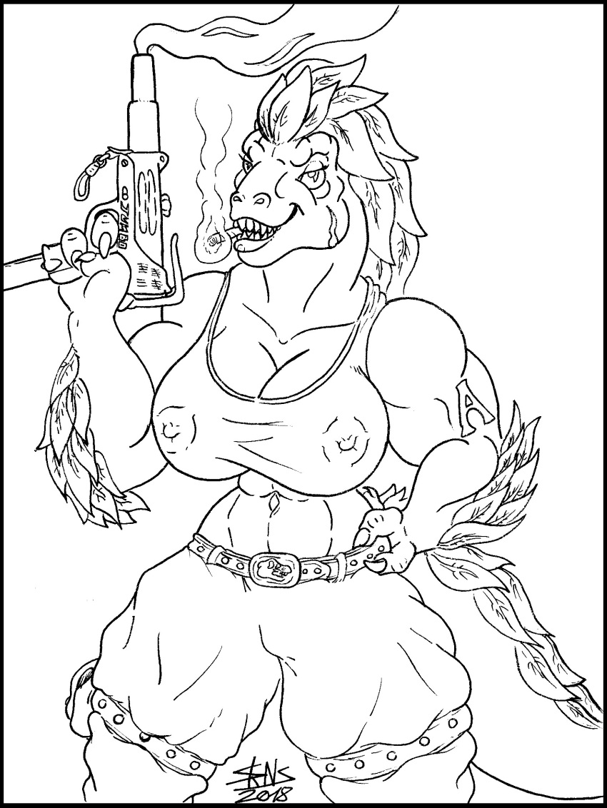 2018 amelia_fontaine big_breasts breasts cigar clothing dinosaur feathers female gun muscular muscular_female ranged_weapon reptile scalie scar skianous smoking tattoo theropod tight_clothing tyrannosaurus_rex weapon