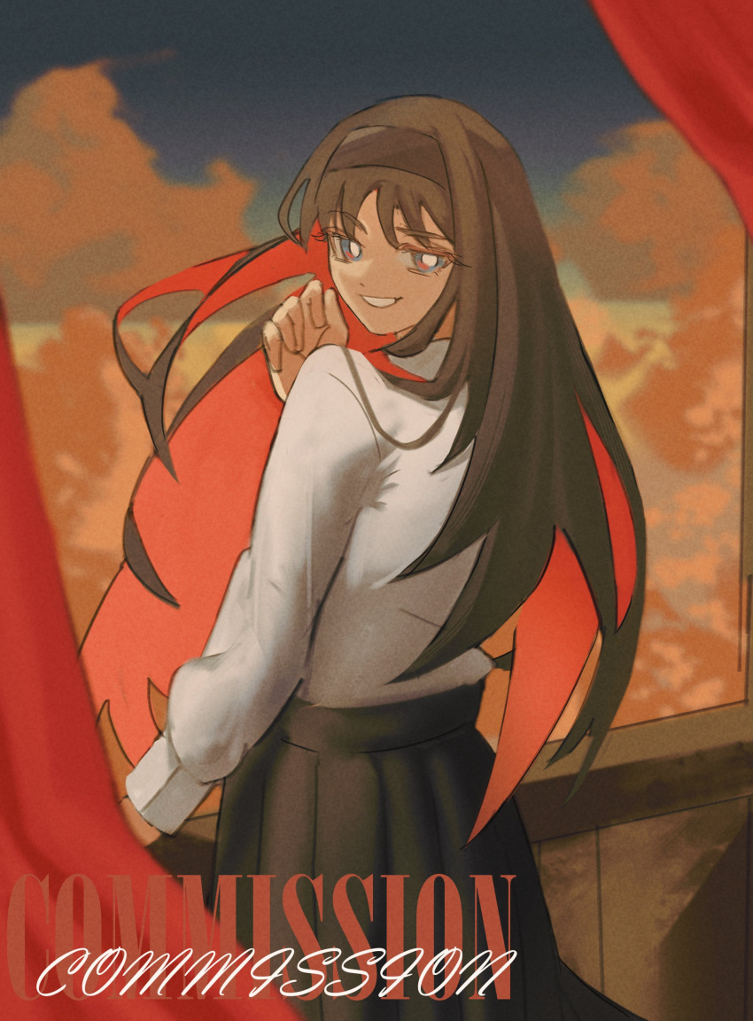 1girl absurdres black_hair black_hairband black_skirt blue_eyes bright_pupils cloud colored_inner_hair commission english_commentary english_text ezekquel from_behind grin hairband highres long_hair long_sleeves looking_at_viewer multicolored_hair pleated_skirt red_hair shirt skirt smile smug solo tohno_akiha tsukihime tsukihime_(remake) two-tone_hair white_pupils white_shirt window