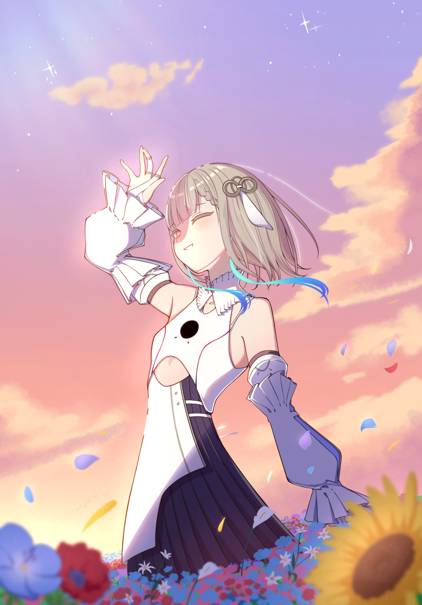 1girl absurdres bare_shoulders blue_hair bridal_gauntlets detached_sleeves dress field flower flower_field grey_hair highres isekaijoucho kamitsubaki_studio multicolored_hair one_eye_closed outdoors petals short_hair_with_long_locks sky smile solo sunlight twilight two-tone_hair umeboshi_(pixiv106746392) wings