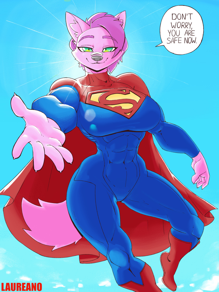 absurd_res anthro big_breasts breasts canid canine canis clothed clothing dc_comics digital_media_(artwork) english_text female hair hero heroine hi_res laureano looking_at_viewer mammal pink_body pink_hair simple_background sky smile solo supergirl superhero superman tail text