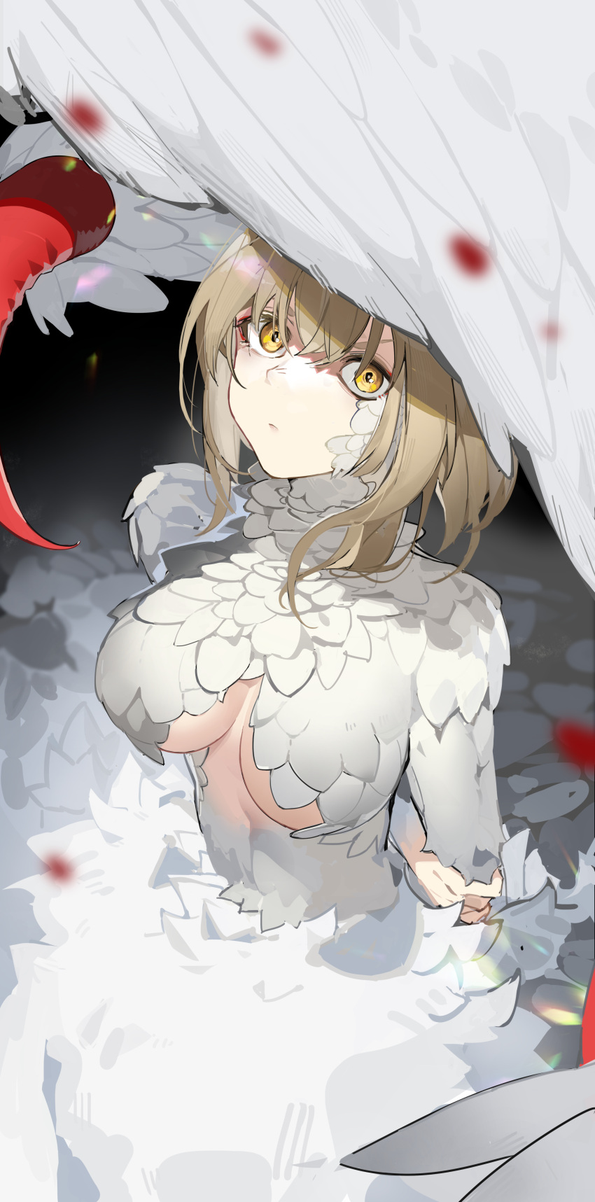 1girl absurdres arms_behind_back blonde_hair breasts closed_mouth dungeon_meshi falin_touden falin_touden_(chimera) feathered_wings feathers from_above highres large_breasts looking_at_viewer medium_hair monster_girl solo white_wings wings yellow_eyes yushe_quetzalli