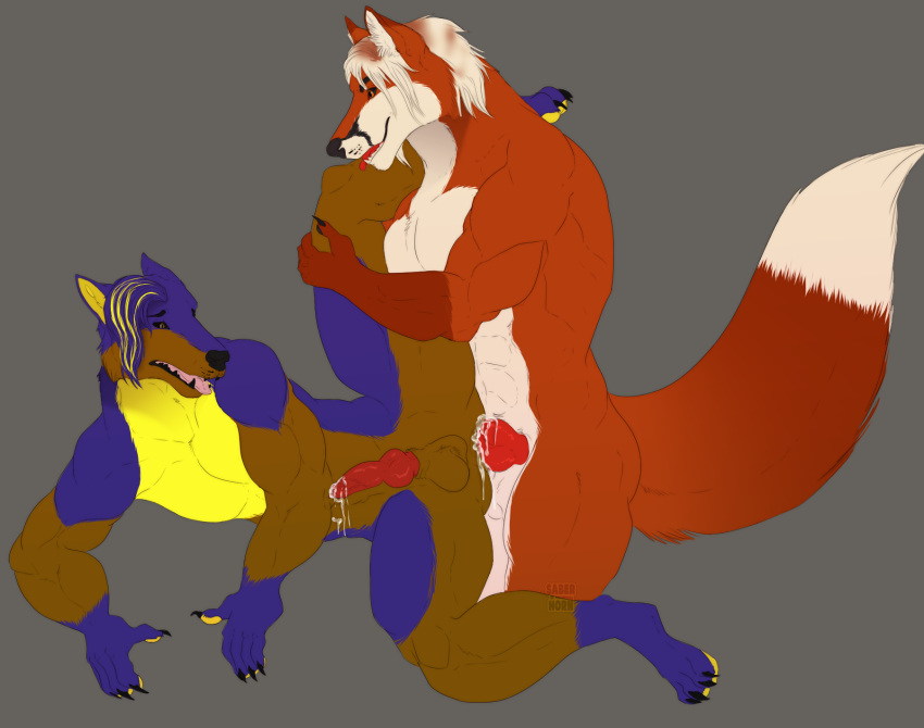 anthro balls canine cum cum_inside duo erection fox fur hair male male/male mammal open_mouth penetration penis saberhorn_(artist) sex simple_background smile tongue wolf