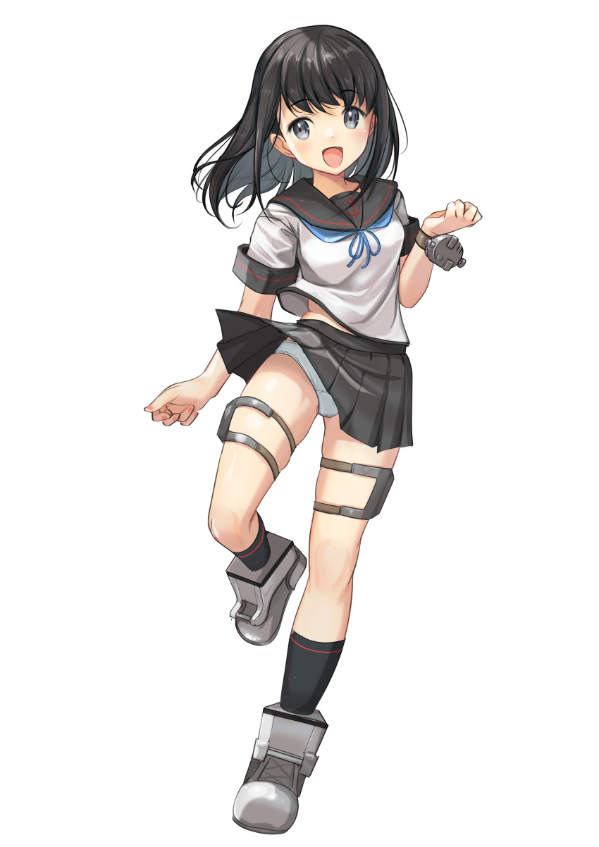 1girl absurdres anchor_symbol black_hair black_sailor_collar black_skirt blue_neckerchief clothes_lift commentary_request feet_out_of_frame fubuki_(kancolle) fubuki_kai_ni_(kancolle) full_body grey_eyes hair_down highres kantai_collection long_hair neckerchief official_alternate_costume panties sailor_collar sailor_shirt shirt sidelocks simple_background skirt skirt_lift smile solo thigh_strap underwear white_background white_panties white_shirt wind wind_lift yashin_(yasinz)