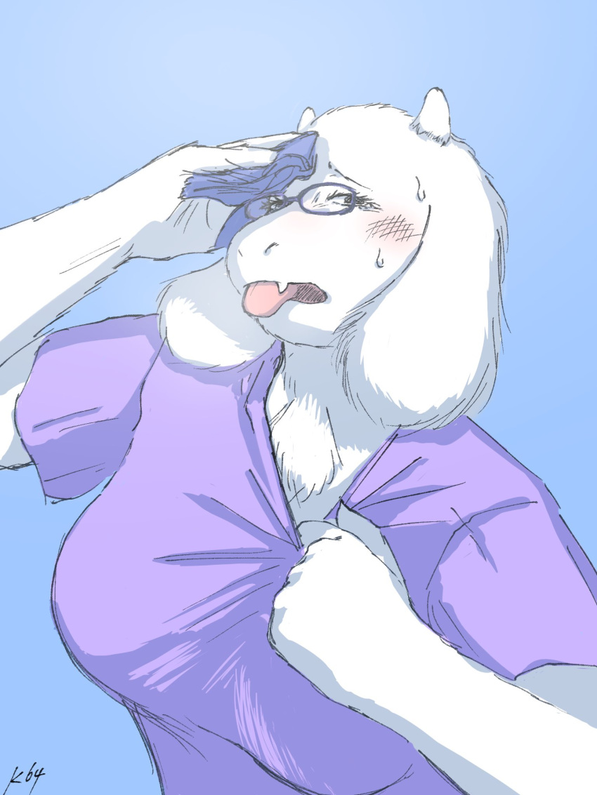 2023 anthro blue_background blush boss_monster_(undertale) bovid caprine deltarune eyewear female fur glasses goat heat_(temperature) hi_res komm64 mammal shirt_tug simple_background solo tongue tongue_out toriel undertale_(series) white_body white_fur