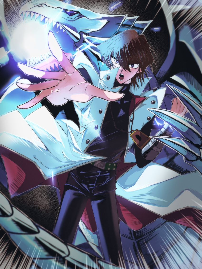 1boy attack black_eyes black_pants black_shirt blue-eyes_white_dragon blue_eyes brown_hair coat colored_skin dragon fk_0046 highres jewelry kaiba_seto lightning male_focus medium_hair open_mouth outstretched_arm pants pendant powering_up sharp_teeth shirt teeth white_coat white_skin yu-gi-oh! yu-gi-oh!_duel_monsters