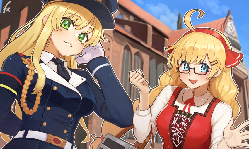 ahoge armband belt blonde_hair blue_eyes blurry blurry_background blush box braid church commission commissioner_upload girls'_frontline glasses gloves green_eyes hair_ornament hairclip hat headband highres inomata_konomu long_hair looking_at_viewer m45_(girls'_frontline) military_hat military_uniform necktie red_headband signature skeb_commission smile stg44_(girls'_frontline) swedish_clothes twin_braids uniform very_long_hair waving white_gloves