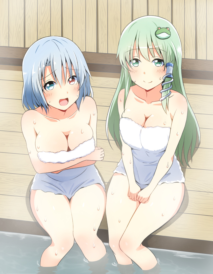 2girls alternate_costume arms_under_breasts bare_shoulders blue_eyes blue_hair blush breasts cleavage closed_mouth collarbone commentary_request frog_hair_ornament green_eyes green_hair hair_ornament hair_tubes heterochromia highres kochiya_sanae kyanta5354 long_hair looking_at_viewer multiple_girls naked_towel open_mouth red_eyes single_hair_tube sitting smile snake_hair_ornament sweat tatara_kogasa thighs touhou towel water white_towel