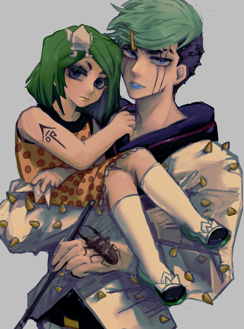 2boys beetle bug carrying child clothes_grab crossdressing facial_mark father_and_son green_hair grey_background hair_ornament higashikata_jobin higashikata_tsurugi highres jojo_no_kimyou_na_bouken jojolion looking_at_viewer multiple_boys origami paper_moon_king swampland