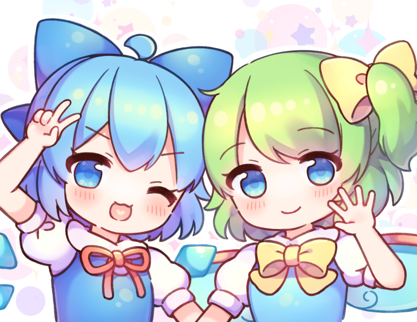 2girls ;d ahoge blue_dress blue_eyes blue_hair blue_vest blue_wings blush bow chibi cirno closed_mouth coa_(chroo_x) daiyousei detached_wings dress fairy_wings green_hair hair_bow heart heart_in_mouth ice ice_wings multiple_girls neck_ribbon one_eye_closed one_side_up outline puffy_short_sleeves puffy_sleeves red_ribbon ribbon short_sleeves simple_background smile starry_background touhou upper_body vest white_background white_outline wings yellow_bow