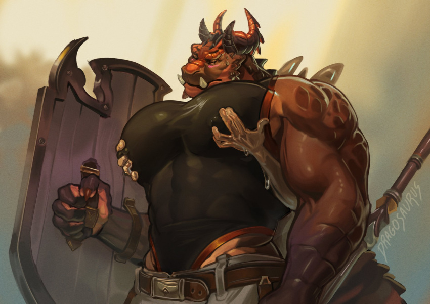 2024 abs ambiguous_gender ambiguous_species anthro anthro_on_anthro barazoku belt biceps big_muscles big_pecs blush bodily_fluids bottomwear claws clothed clothing deltoids dragon dragosaurius duo hand_on_chest hand_on_pecs hi_res holding_object holding_shield horn huge_muscles huge_pecs male male/ambiguous manly melee_weapon muscle_worship muscular muscular_anthro muscular_male mythological_creature mythological_scalie mythology narrowed_eyes nipple_outline one_eye_closed pants pec_grab pec_play pecs reach_around scales scalie sheathed_weapon shield shirt signature simple_background size_difference solo_focus standing sweat sword tank_top tight_clothing tight_topwear topwear tusks weapon wingless_dragon