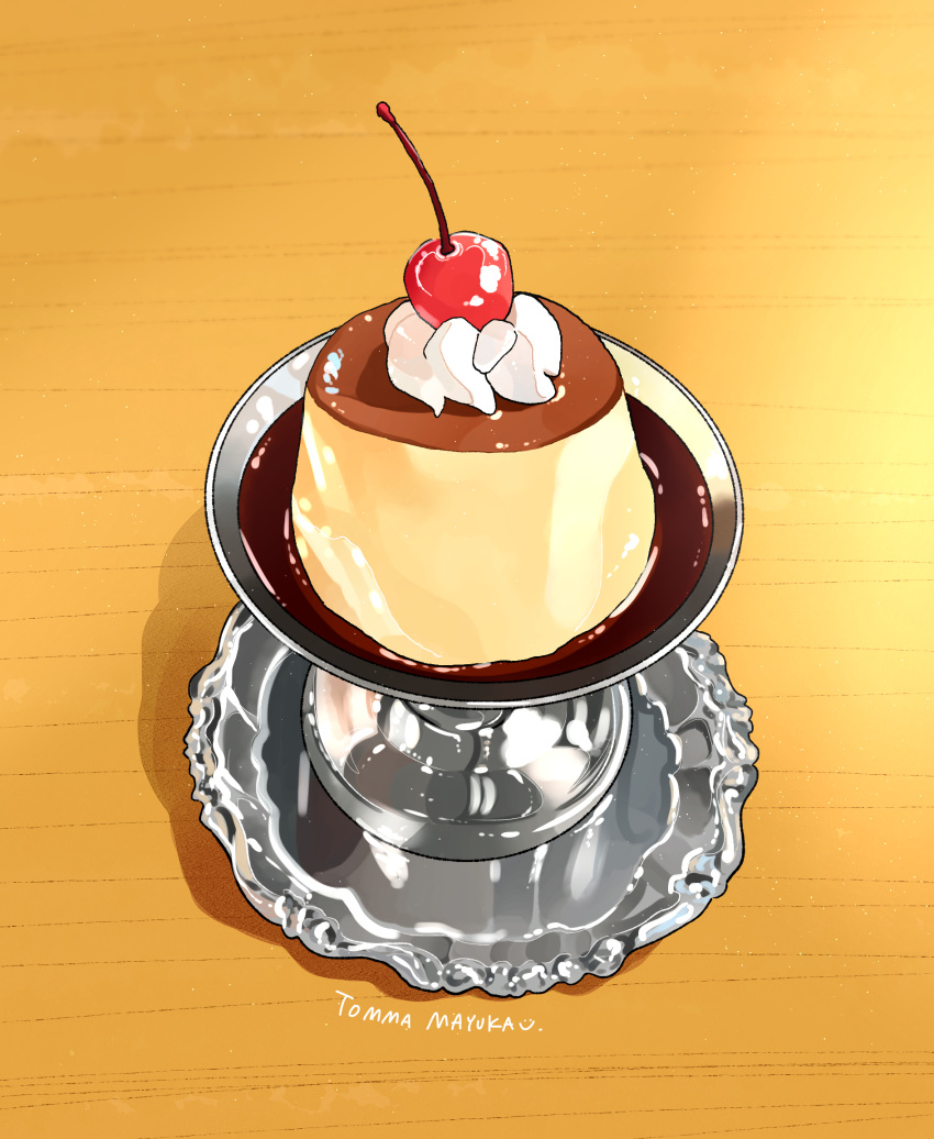 cherry dessert food food_focus fruit highres no_humans original pudding still_life tomma_mayuka whipped_cream