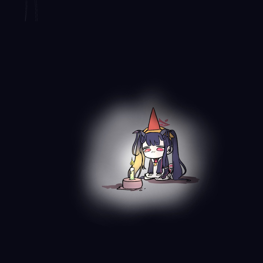 1girl apron birthday birthday_cake black_hair blue_archive cake candle candlelight darkness demon_girl demon_horns dim_lighting food fuuka_(blue_archive) halo hat head_scarf highres horns kaming3698 kneeling long_hair necktie negative_space party_hat red_eyes red_halo sad solo twintails very_long_hair