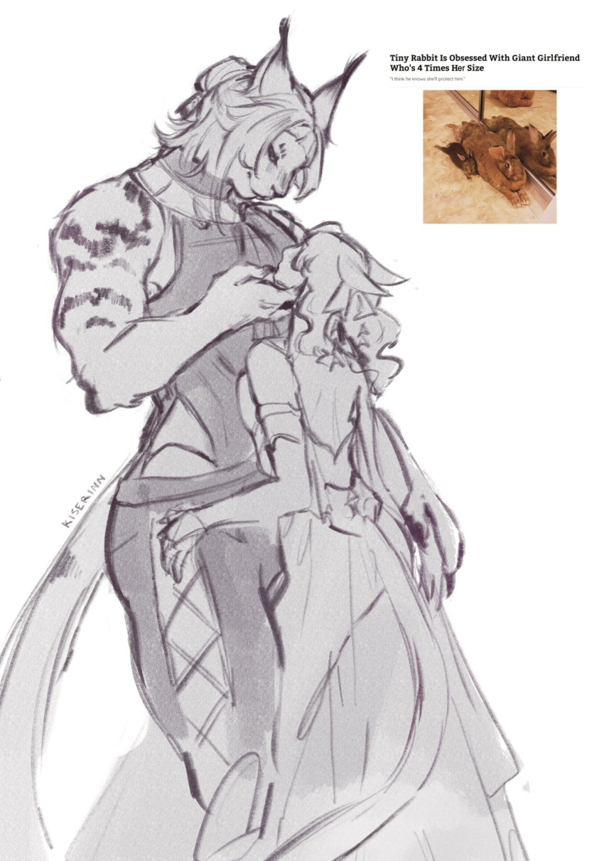 2024 anthro clothing dress embrace eye_contact felid feline female female/female final_fantasy final_fantasy_xiv hand_on_head hi_res hrothgar humanoid kiserinn larger_female looking_at_another mammal meme miqo'te romantic romantic_couple signature size_difference sketch square_enix tail