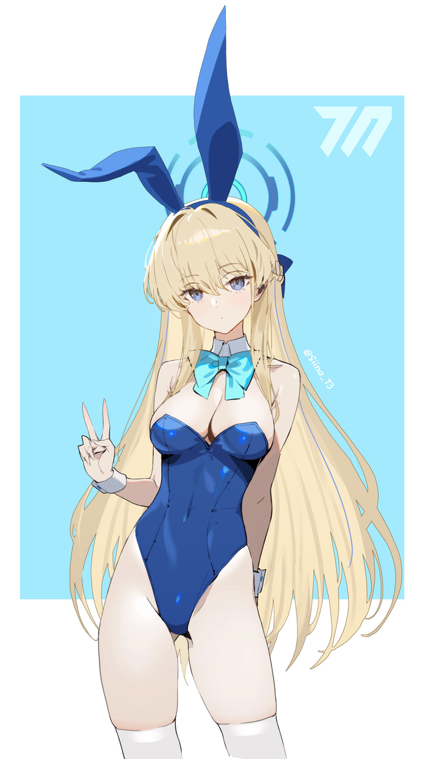 1girl animal_ears arm_behind_back bare_shoulders blonde_hair blue_archive blue_bow blue_bowtie blue_eyes blue_hairband blue_leotard bow bowtie breasts cleavage closed_mouth detached_collar earpiece fake_animal_ears hairband halo highleg highleg_leotard highres leotard long_hair medium_breasts multicolored_hair official_alternate_costume playboy_bunny rabbit_ears revision siino skindentation strapless strapless_leotard streaked_hair thighhighs toki_(blue_archive) toki_(bunny)_(blue_archive) v very_long_hair white_thighhighs wrist_cuffs