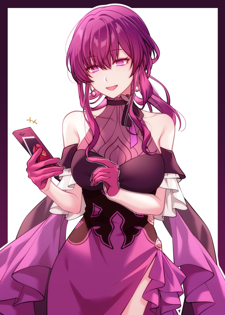 1girl :d bare_shoulders black_border border breasts cellphone cleavage commentary_request cowboy_shot detached_sleeves dress earrings gloves highres holding holding_phone honkai:_star_rail honkai_(series) jewelry kafka_(honkai:_star_rail) large_breasts long_hair official_alternate_costume open_mouth phone pochimaru_(marumaru_wanwan) purple_dress purple_eyes purple_gloves purple_hair see-through see-through_cleavage short_sleeves smartphone smile solo standing