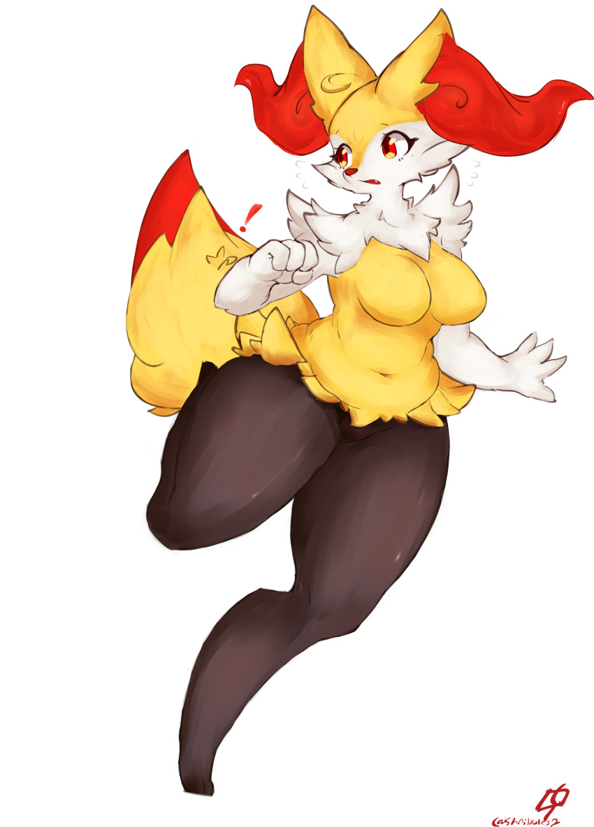 absurd_res anthro arm_tuft black_body black_fur braixen breasts cheek_tuft digitigrade dipstick_tail exclamation_point facial_tuft featureless_breasts featureless_crotch female fur generation_6_pokemon hi_res inner_ear_fluff markings navel nintendo open_mouth pokemon pokemon_(species) pupils red_body red_eyes red_fur shnibbles shoulder_tuft simple_background slightly_chubby slit_pupils solo tail tail_markings thick_thighs tuft white_background white_body white_fur wide_hips yellow_body yellow_fur