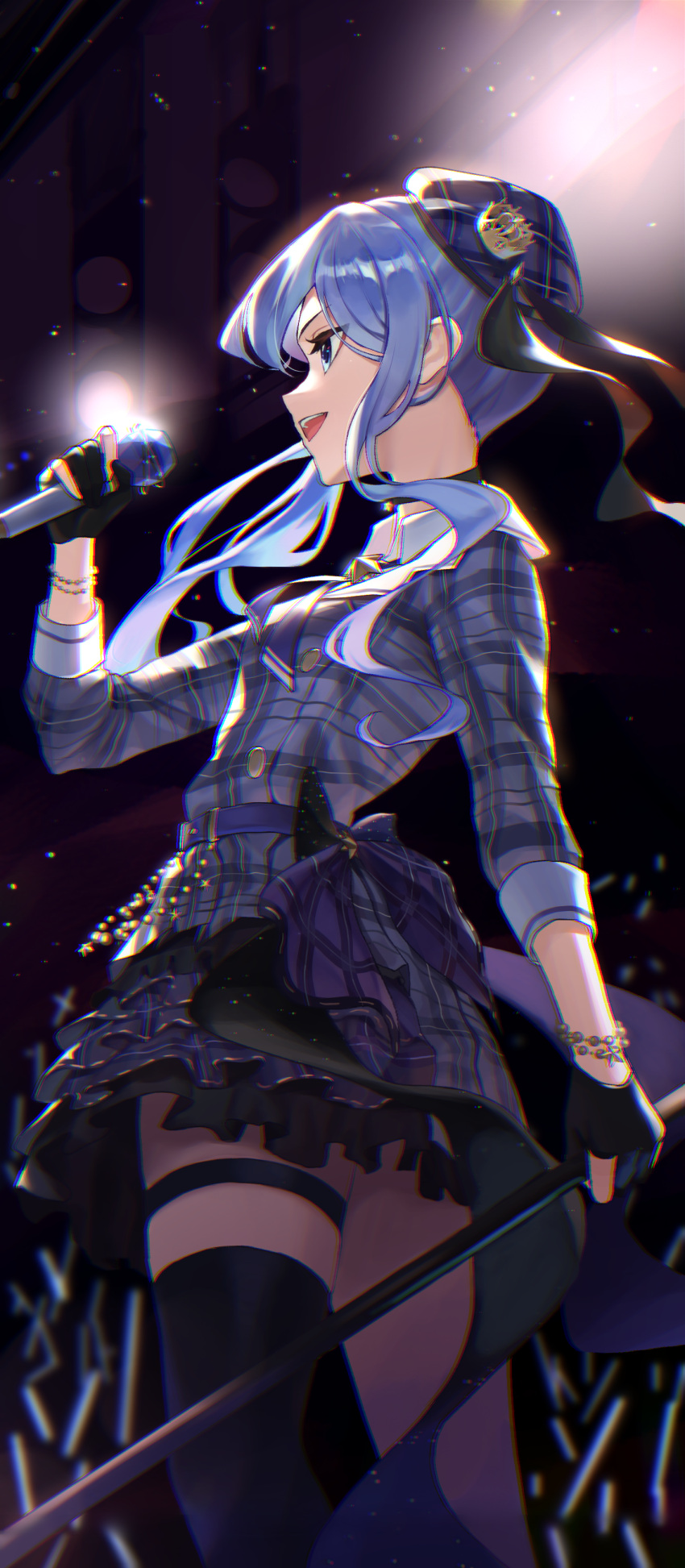 1girl absurdres ascot beret black_gloves blue_ascot blue_bow blue_eyes blue_hair bow bracelet choker crown frilled_skirt frills from_side gloves glowstick hat highres holding holding_microphone holding_microphone_stand hololive hoshimachi_suisei hoshimachi_suisei_(1st_costume) jewelry light_particles lights looking_ahead microphone microphone_stand mini_crown music partially_fingerless_gloves plaid plaid_headwear plaid_shirt plaid_skirt shirt sibo singing single_thighhigh skirt solo thigh_strap thighhighs virtual_youtuber