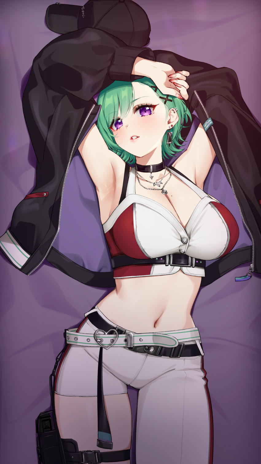 1girl armpits arms_up asymmetrical_clothes asymmetrical_pants baseball_cap belt black_belt black_choker black_hat black_jacket bra_strap breasts bustier chest_belt choker cleavage crop_top ear_piercing earrings fingernails green_hair hair_behind_ear hat highres holstered huge_breasts jacket jewelry lips looking_at_viewer loose_belt lying midriff mole mole_on_breast multiple_belts nail_polish navel necklace on_bed open_clothes open_jacket parted_lips pierced_hat piercing purple_eyes purple_jacket red_bustier red_nails short_hair single_pantsleg solo stomach swept_bangs thigh_gap thighs triangle_earrings two-sided_fabric two-sided_jacket unworn_hat unworn_headwear virtual_youtuber vspo! white_belt white_bustier yakumo_beni yakumo_beni_(4th_costume) yuuki_maya