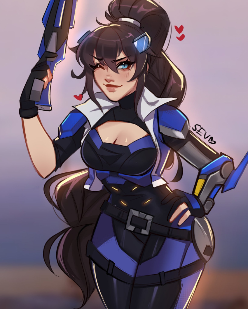 1girl animification artist_name black_gloves blue_bodysuit blue_eyes blush bodysuit breasts brown_hair captain_lacroix cleavage cleavage_cutout clothing_cutout gloves gun heart highres holding holding_gun holding_weapon long_hair looking_at_viewer medium_breasts official_alternate_costume one_eye_closed overwatch overwatch_2 partially_fingerless_gloves ponytail sevpha smile solo very_long_hair weapon widowmaker_(overwatch)
