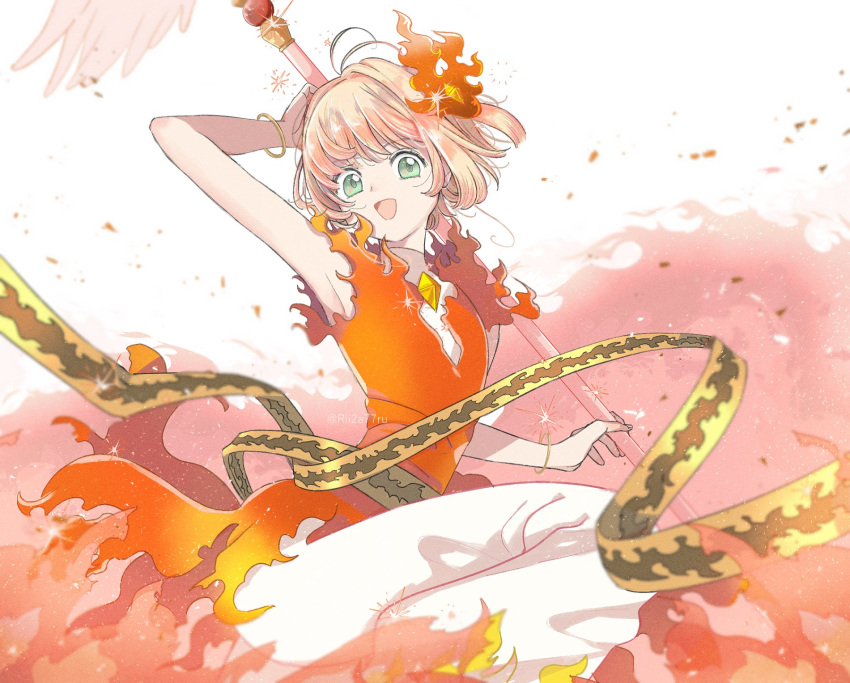 1girl antenna_hair arm_up cardcaptor_sakura fire green_eyes highres holding holding_wand kinomoto_sakura light_brown_hair looking_at_viewer magical_girl open_mouth pants red_shirt ribbon rii2a77ru shirt short_hair smile solo wand white_pants