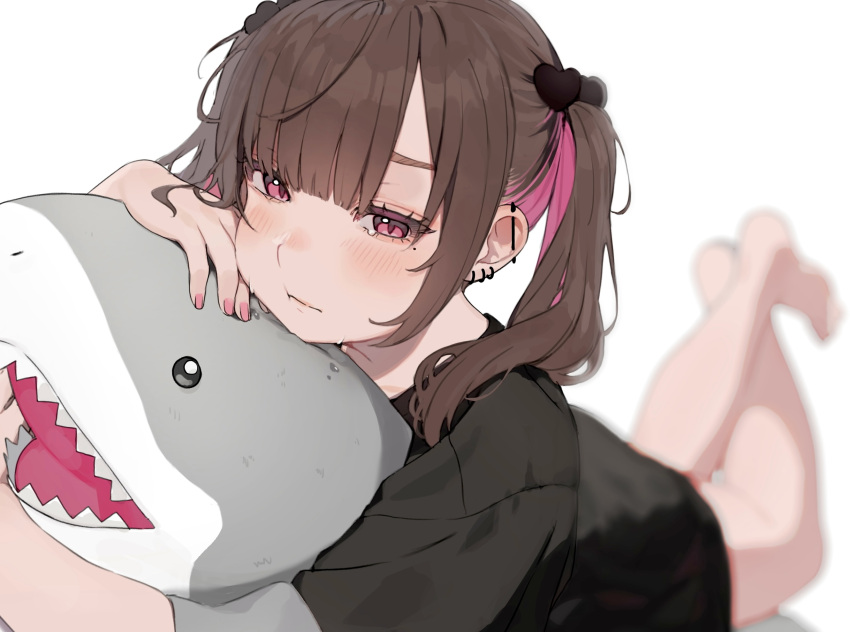 1girl :t black_shirt blurry blurry_background blush closed_mouth commentary_request daluto_(hitomi555) depth_of_field ear_piercing earrings hair_ornament half-closed_eyes hand_up heart heart_hair_ornament highres hugging_object jewelry legs_up looking_at_viewer lying mole mole_under_eye multicolored_hair nail_polish on_stomach original piercing pink_hair pink_nails red_eyes shirt short_sleeves simple_background solo stuffed_animal stuffed_shark stuffed_toy twintails two-tone_hair white_background