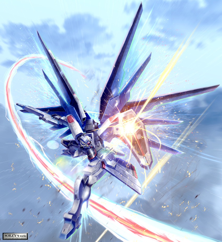 assassin_silver cloud freedom_gundam glowing glowing_eye gun gundam gundam_seed highres holding holding_gun holding_weapon laser looking_to_the_side mecha mecha_focus mechanical_wings mobile_suit no_humans robot science_fiction shield sky solo weapon wings yellow_eyes