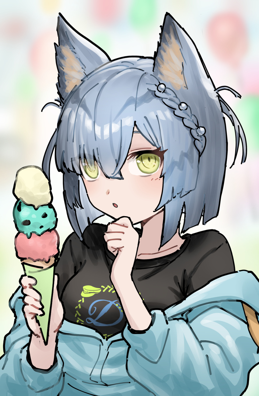 1girl :o absurdres animal_ear_fluff animal_ears arknights balloon black_shirt blue_jacket blurry blurry_background braid breasts collarbone commentary_request delphine_(arknights) depth_of_field eyes_visible_through_hair food grey_hair hair_over_one_eye hands_up highres holding holding_food ice_cream ice_cream_cone jacket landl long_sleeves looking_at_viewer medium_breasts off_shoulder parted_lips puffy_long_sleeves puffy_sleeves shirt short_hair solo triple_scoop yellow_eyes