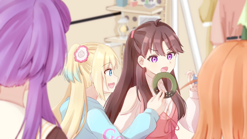 4girls :o ahoge amane61115 blonde_hair blue_eyes blue_hair blue_hoodie blurry blurry_background blurry_foreground brown_hair clothing_cutout collared_shirt commentary_request depth_of_field dress dress_shirt fang feeding flower food fujishima_megumi gradient_hair hair_flower hair_ornament hand_up hasu_no_sora_school_uniform highres hinoshita_kaho holding holding_doughnut holding_food hood hoodie light_blue_hair link!_like!_love_live! long_hair long_sleeves looking_at_another love_live! matcha_(food) mira-cra_park! multicolored_hair multiple_girls open_mouth orange_hair osawa_rurino otomune_kozue pinafore_dress pink_dress pink_flower purple_eyes purple_hair rabbit_hair_ornament sailor_collar school_uniform shirt shoulder_cutout side_ponytail sidelocks sleeveless sleeveless_dress smile sweater sweater_dress twintails two_side_up v-shaped_eyebrows virtual_youtuber white_flower white_sailor_collar white_shirt