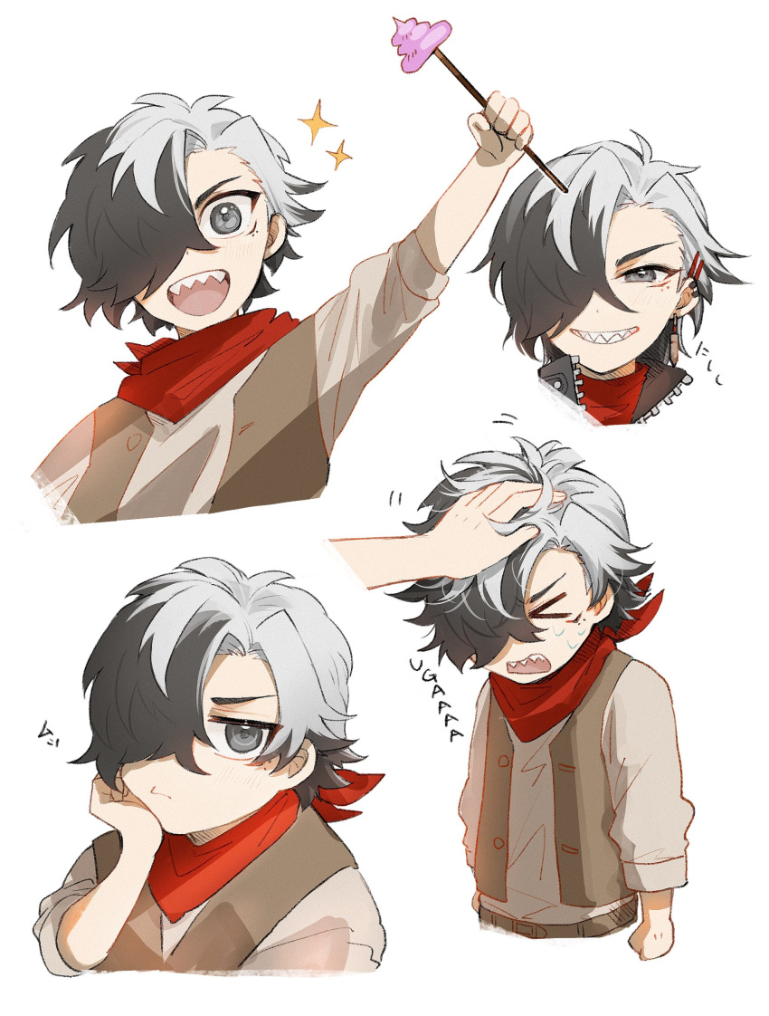 1boy absurdres aged_down alternate_hairstyle black_hair boke_aho_nara boothill_(honkai:_star_rail) grey_eyes highres honkai:_star_rail honkai_(series) male_focus multicolored_hair multiple_views open_mouth red_scarf scarf sharp_teeth shirt short_hair smile split-color_hair teeth two-tone_hair white_background white_hair