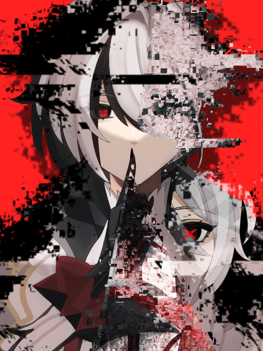 1girl arlecchino_(genshin_impact) black_eyes black_hands coat fune_saan fur-trimmed_coat fur_trim genshin_impact glitch highres medium_hair multicolored_hair red_background streaked_hair symbol-shaped_pupils white_hair x-shaped_pupils x_x