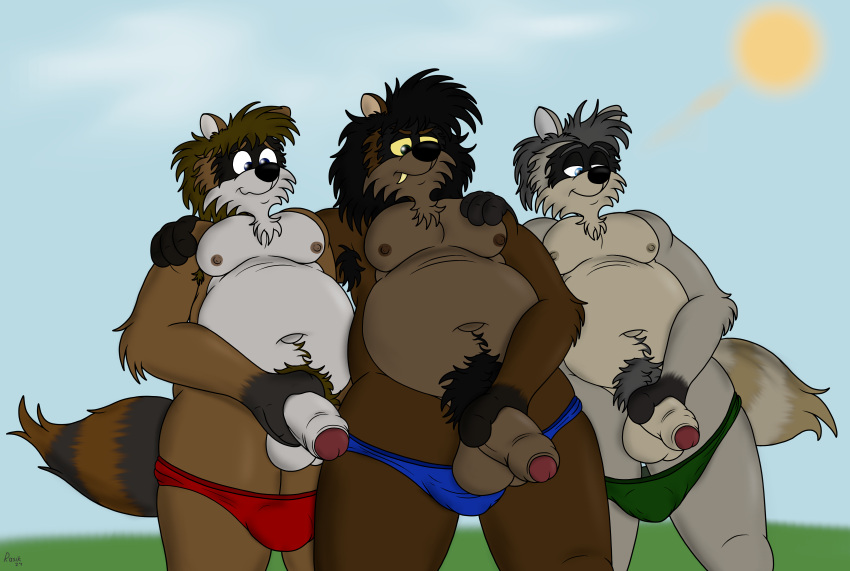 absurd_res anthro armpit_hair balls body_hair clothed clothing genitals group hairy hand_on_shoulder hi_res male male/male mammal nude partially_clothed penis procyonid pubes raccoon rasik slightly_chubby slightly_chubby_male standing trio underwear underwear_down yellow_eyes