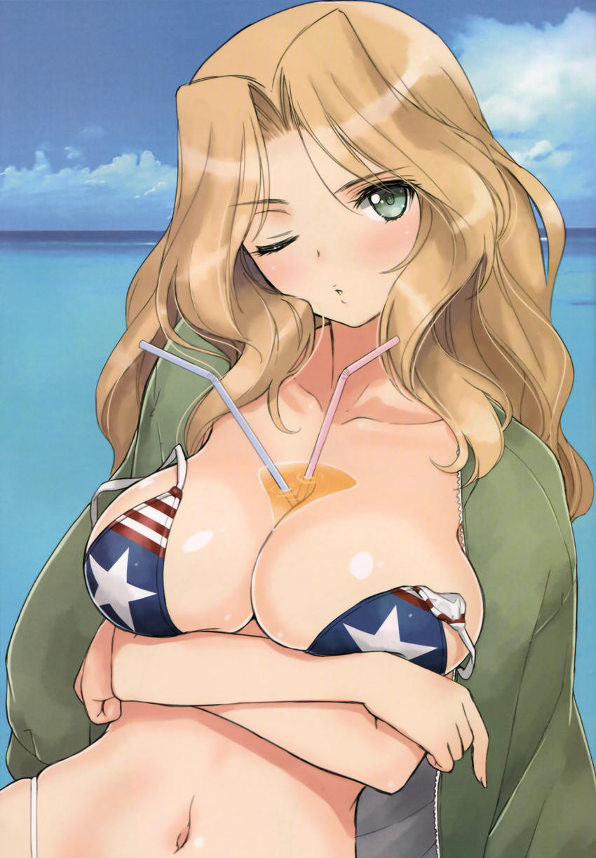 ;o absurdres american_flag_bikini aqua_eyes between_breasts bikini bikini_top blonde_hair blush breasts bust_cup cleavage collarbone crossed_arms day drink drinking_straw eyebrows_visible_through_hair flag_print girls_und_panzer green_jacket head_tilt highres huge_filesize jacket jacket_on_shoulders kay_(girls_und_panzer) large_breasts liquid long_hair looking_at_viewer lossy-lossless navel ocean one_eye_closed outdoors parted_lips puckered_lips shiny shiny_skin skindentation solo stomach strap_slip summer swimsuit tanaka_takayuki upper_body water wavy_hair
