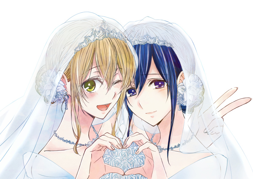 2girls absurdres aihara_mei aihara_yuzu bad_id bad_pixiv_id black_hair blonde_hair blush bridal_veil bride citrus_(saburouta) couple dress earrings flower glidesloe green_eyes hair_ornament highres jewelry long_hair looking_at_viewer multiple_girls one_eye_closed open_mouth purple_eyes smile step-siblings step-sisters veil wedding wedding_dress wife_and_wife yuri