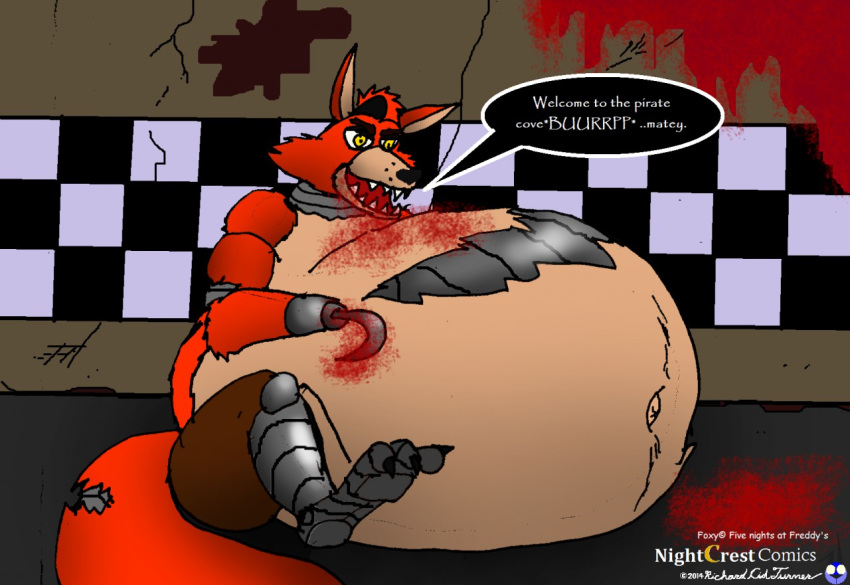 abandoned_building animatronic anthro anthro_pred belly belly_fur big_belly blood blood_drool blood_from_mouth blood_in_mouth blood_splatter bodily_fluids burping canid canine dialogue endoskeleton eye_patch eyewear five_nights_at_freddy's fox foxy_(fnaf) fur hook hook_hand human human_prey k9manx90_(artist) machine male male/male male_pred mammal navel navel_outline robot scott_cawthon scottgames sitting sitting_on_ground solo speech_bubble unseen_prey vore