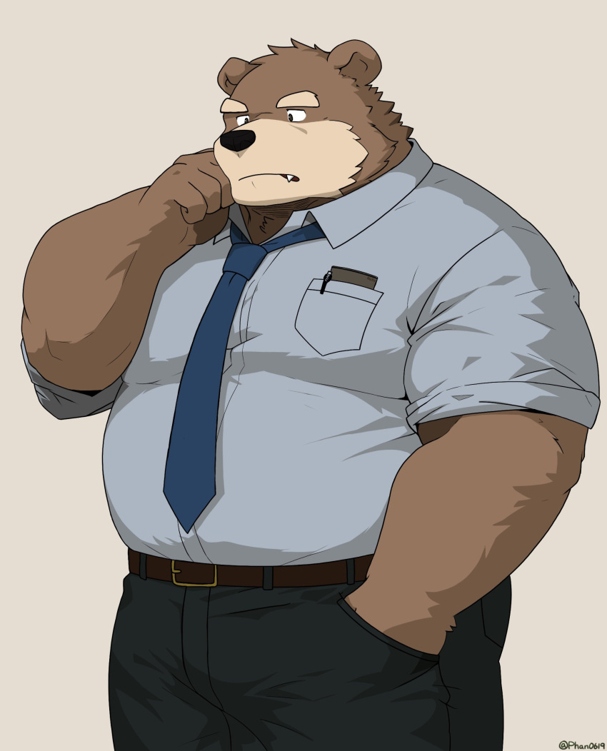 2024 absurd_res anthro bear black_nose bottomwear brown_body brown_fur clothing cute_fangs fur hi_res kemono male mammal necktie overweight overweight_male pants phan0619 shirt simple_background solo topwear