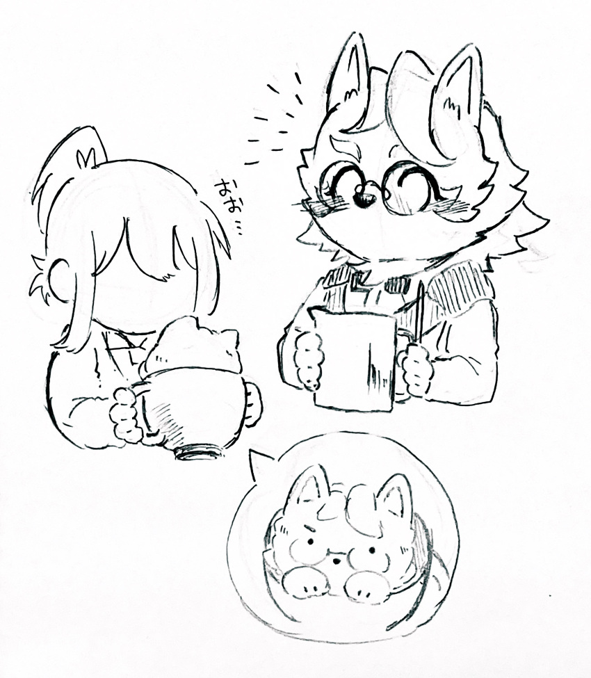 absurd_res anthro bow_tie canid canine canis container cup duo esperdica eyewear female female_operator fur glasses hayata_461 hi_res holding_object human latte_art lifewonders live_a_hero male mammal pen_(artwork) protagonist_(live_a_hero) server sketch text traditional_media_(artwork) wolf