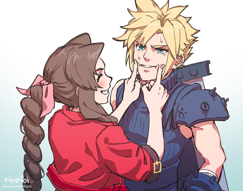1boy 1girl aerith_gainsborough aqua_eyes armor artist_name bandaged_arm bandages blonde_hair blue_shirt blush braid braided_ponytail brown_hair buster_sword closed_eyes cloud_strife cropped_jacket earrings final_fantasy final_fantasy_vii final_fantasy_vii_rebirth final_fantasy_vii_remake furrowed_brow gradient_background grin hair_ribbon hands_on_another's_cheeks hands_on_another's_face highres jacket jewelry long_hair looking_at_another noinoichebura parted_bangs parted_lips pink_ribbon red_jacket ribbon shirt short_hair short_sleeves shoulder_armor sidelocks single_bare_shoulder single_braid single_earring single_shoulder_pad sleeveless sleeveless_turtleneck smile spiked_hair suspenders sweatdrop teeth turtleneck twitter_username upper_body weapon weapon_on_back